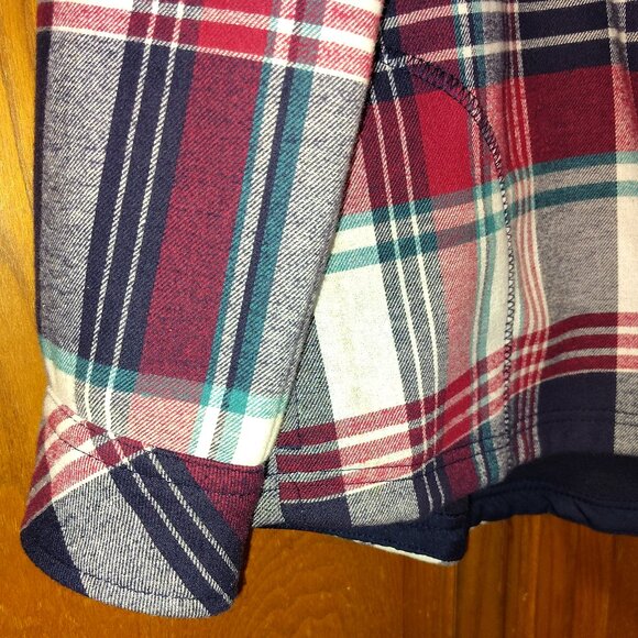 Orvis Fleece Lined Flannel Shirt Womens Medium Shacket Snap Jacket Plaid Red Blu - Picture 4 of 7